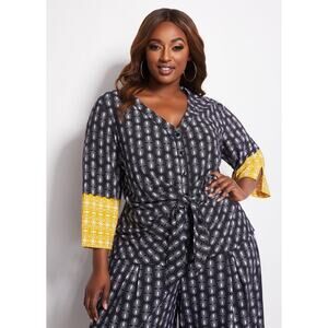 Ashley Stewart Abstract Black Yellow Front Tie Button Front Top Blouse Sz 26